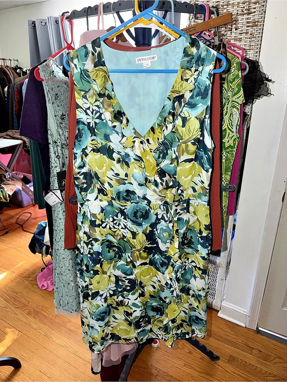 Pendleton Floral Midi Dress in Green & Blue Size 14